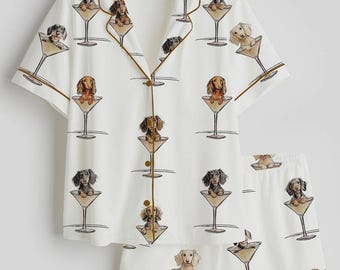 Pijama de satén para mujer, con estampado de perro salchicha Martini y Weenies, manga corta, ideal para amantes de los perros.