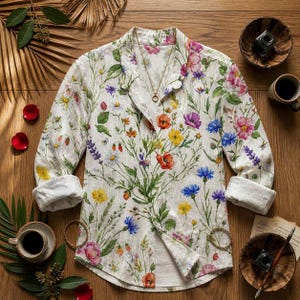 May include: A long-sleeve button-down shirt in an off-white color featuring a vibrant, multi-colored botanical print of various wildflowers, including poppies, cornflowers, and daisies, with a classic collar and folded cuffs at the wrists.