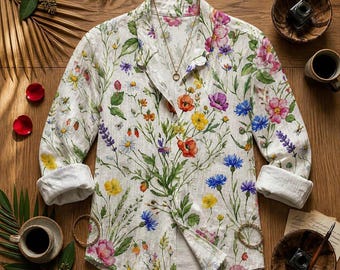 Camisa abotonada con estampado floral de flores silvestres para mujer, blusa botánica informal, linda blusa de primavera