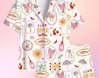 Conjunto de pijama Ciao Bella para mujer, pijama de satén de manga corta para verano, estilo italiano, ideal para vacaciones.