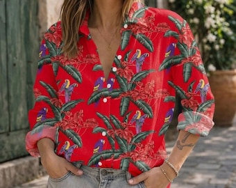 Camisa hawaiana de detective tropical de los 80 para mujer, blusa retro con botones de estilo isleño, estilo vintage de vacaciones en la playa.