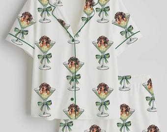 Women’s Satin Pajama Set, Dachshund Weenies and Martinis Print, Short Sleeve Dog Cocktail Pajamas