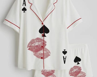 Pijama de satén de manga larga con diseño de cartas de San Valentín para mujer.