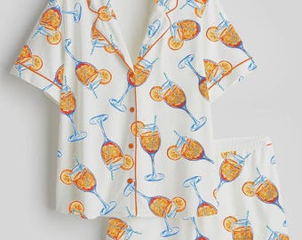 Pijama de acuarela con efecto naranja, ideal para cócteles, ropa de estar por casa italiana de manga larga para verano.