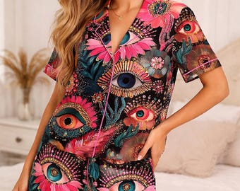 Women's Surreal Evil Eye Satin Pajama Set, Botanical Eyeball Flower Silky Sleepwear, Boho Mystical PJs