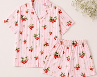 Strawberry Stripe Pajama Set, Blue Striped Strawberry Pajamas, Cottagecore Sleepwear, Cute Fruit PJs, Long Sleeve & Shorts Lounge Set