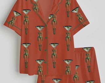 Pijama de satén con estampado de martini sucio para mujer, estilo vintage, de manga corta, para amantes de los cócteles.