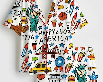 USA 250th Anniversary Pajamas Women, Satin Long & Short Sleeve Patriotic Sleepwear, 1776 2026 Independence Day PJs, Cozy Gift