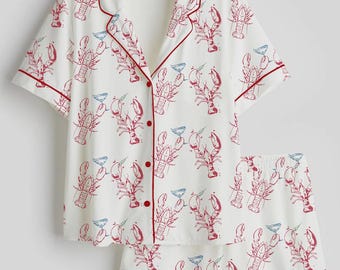 Coastal Lobster Pajamas for Women, Satin Long & Short Sleeve Dirty Martini Sleepwear, Cute Summer Cocktail PJs Gift