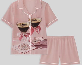 Ensemble pyjama femme en coton à imprimé martini expresso, pyjama rose à manches longues avec nœud sur le thème du café avec poches