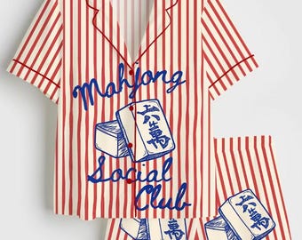 Conjunto de pijama para mujer del Mahjong Social Club, pijama divertido de juego de mesa, pijama de satén sedoso de manga corta, ropa de dormir, regalo para amantes del Mahjong, lindo conjunto para estar en casa