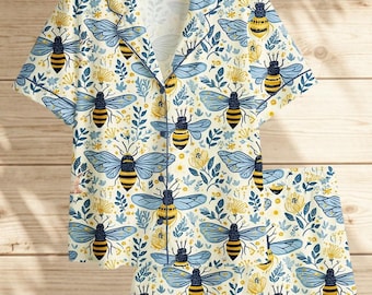 Floral Honeybee Pajama Set for Women, Satin Long & Short Sleeve Sleepwear, Wildflower Print Nightwear, Cute Nature Lover Gift