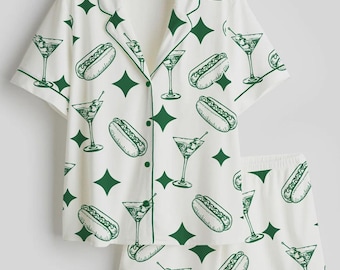 Pijama de satén para mujer, de manga corta y con estampado de martini sucio, ideal para cócteles, ideal para fiestas, regalo para ella.