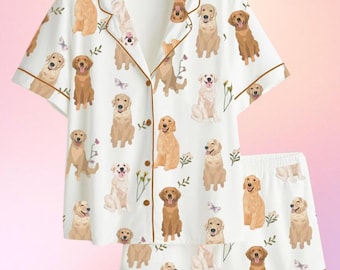 Conjunto de pijama adorable de Golden Retriever, pijama de satén estilo cottagecore para amantes de los perros, manga larga o corta, ropa de dormir para mujer.