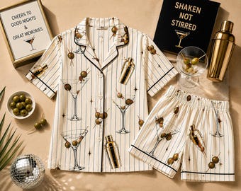 Martini Cocktail Pajama Set, Olive Martini Stripe Pajamas, Cocktail Lover Gift, Long Sleeve & Shorts PJs, Matching Lounge Set