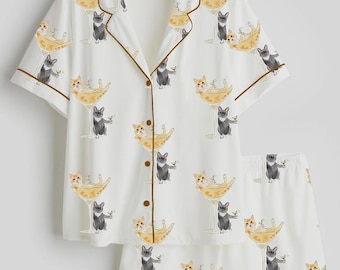 Pijama de satén para mujer, estampado de gato sosteniendo un cóctel de martini, con dibujo de mascota, manga corta
