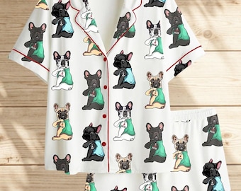 French Bulldog Satin Pajama Set for Women, Long & Short Sleeve “I Love Mom” Frenchie Print Sleepwear, Cute Cozy Nightwear, Dog Lover Gift