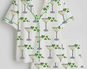 Pijama de satén para mujer, con estampado de trébol irlandés "A Tini Bit", para el Día de San Patricio, de manga corta y larga.