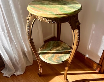 Vintage Green Marble Pedestal Table : Hollywood Regency Display Stand, French Side Table