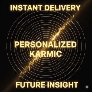 May include: A digital graphic on a black background with concentric circles and a lightning bolt design. The text reads "INSTANT DELIVERY", "PERSONALIZED KARMIC", and "FUTURE INSIGHT" in a glowing gold colour.