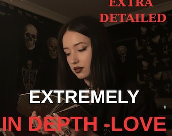 May include: An image promoting tarot readings. The text includes "Same Hour," "Extra Detailed," and "Extremely In Depth - Love Tarot Reading." A gold seal reads "Best Choice." The background features skulls and a woman holding tarot cards.