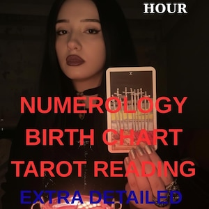 May include: A person holding a tarot card with a dark background. The card features ten swords. Text on the image includes "SAME HOUR", "NUMEROLOGY", "BIRTH CHART", "TAROT READING", "EXTRA DETAILED", and "SPOT ON PREDICTION".