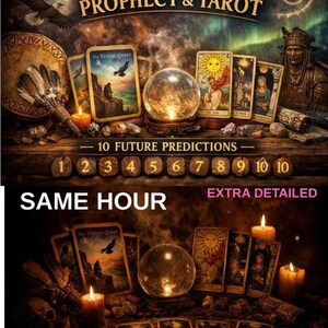 May include: An image featuring a crystal ball, tarot cards, and lit candles, with the text "Shamanic Prophecy & Tarot." The cards display various illustrations. The text "10 Future Predictions" and "Same Hour" are also visible. The overall theme is divination and fortune-telling.