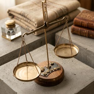 May include: A brass balance scale with two circular pans hanging from chains. The scale is set on a wooden base with brass weights. The background features a stack of books, a blanket, and an inkwell, evoking a theme of law or education.