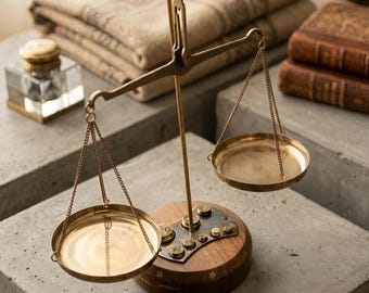Vintage Style Brass Weighing Scale with Wooden Base: Classic Decorative Balance Scale | Home/Desk Decor | Christmas Gift