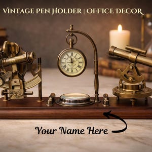 Personalized Nautical Table Top Pen Holder with Brass Clock, Compass, Sextant & Alidade – Luxury Office Decor | Christmas Gift Item