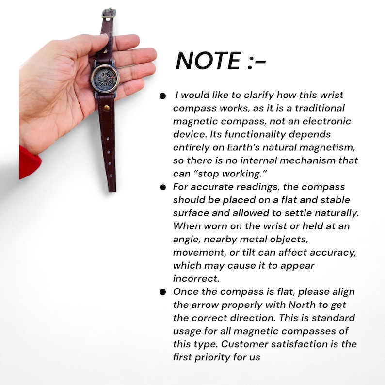 May include: A brown leather wrist compass with a dark metal casing and a compass dial. The watch band is brown leather. The text "NOTE:" is visible, along with explanatory text about the compass.