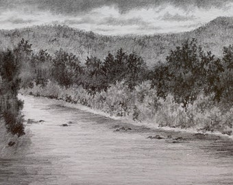 Original Pencil "Sacandaga River, Adirondacks" by Rainey Dewey