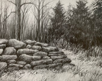 Original Pencil "Along the Rock Wall" by Rainey Dewey