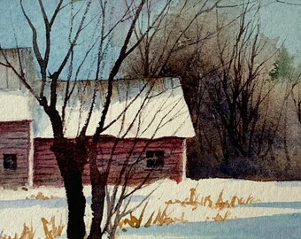"Original Aquarell ""Winter Barns"" von Rainey Dewey."