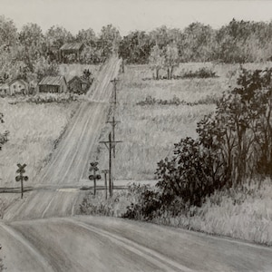 Original Pencil &quot;Railroad Crossing&quot; by Rainey Dewey