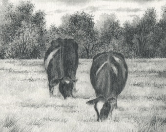 Dibujo original a lápiz "Dos pastadores" de Rainey Dewey