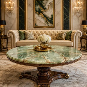 Op de afbeelding: Een ronde salontafel met een gepolijst groen marmeren blad met witte en bruine aders, ondersteund door een donkerbruine houten voet met uitgesneden details. Op de tafel staat een gouden dienblad met een gouden vaas gevuld met witte bloemen.