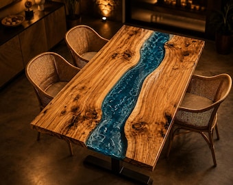 Luxus-Esstisch aus blauem Harzfluss, Live Edge-Epoxidholztisch, handgefertigter Walnussflusstisch, modernes rustikales Esszimmerdekor