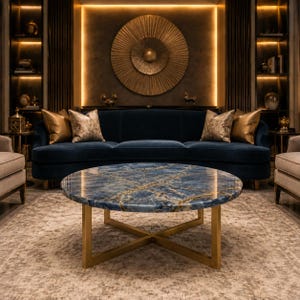 Blue Onyx Coffee Table, Luxury Round Stone Coffee Table, Gold Metal Base Table, Modern Living Room Centerpiece Decor
