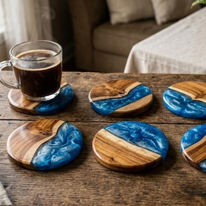Handmade Epoxy Resin Wood Coaster Set with Holder, Ocean River Design Drink Coasters, Rustic Coffee Table Decor, Housewarming Gift,