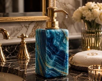 Luxury Blue Onyx Soap Dispenser, Bathroom Vanity Decor, Handmade Resin Lotion Pump, Modern Spa Bathroom Accessory