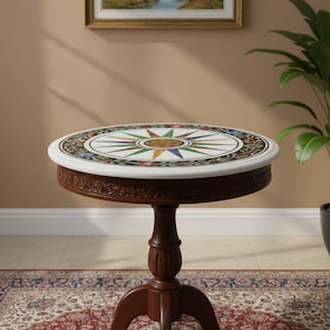 Tavolo di lusso in marmo intarsiato, tavolo rotondo in pietra dura con design a compasso, tavolo decorativo in marmo fatto a mano, tavolo centrale per soggiorno.