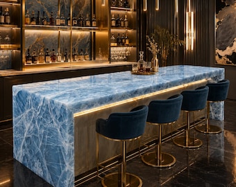 Encimera de bar de ónix azul de lujo / Isla de cocina con cascada de ónix azul a medida / Barra de ónix retroiluminada / Encimera de piedra moderna de lujo