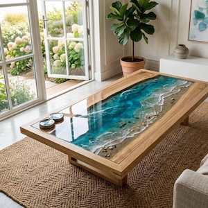 Op de afbeelding: Houten salontafel met een rechthoekig blad met een harsafbeelding van een strandscène. Het ontwerp toont blauw water en zandstranden. De tafel staat op een vloerkleed van natuurlijke vezels in een woonkamer.