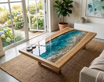 Luxus Epoxy Ocean Couchtisch, Harz Beach Wave Tisch, handgefertigter Holztisch in der Mitte, Küstenwohnzimmermöbel-Dekorgeschenk,