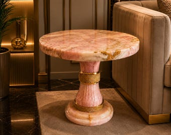 Roze onyx bijzettafel | Luxe nachtkastje | Ronde bijzettafel | Handgemaakte natuursteen accenttafel | Modern designer nachtkastje