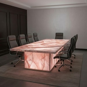 Luxury Pink Onyx Conference Table, Handmade Marble Boardroom Table, LED Backlit Executive Meeting Desk, Custom Office Furniture