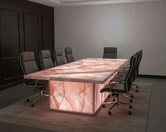 Luxe roze onyx vergadertafel, handgemaakte marmeren vergadertafel, directievergadertafel met led-achtergrondverlichting, op maat gemaakt kantoormeubilair