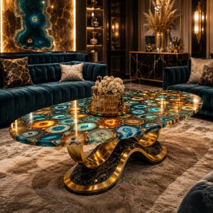 May include: An oval coffee table with a colorful agate stone top. The table has a gold-colored, wavy base and a black base. The room features a teal sofa, decorative pillows, and a rug.