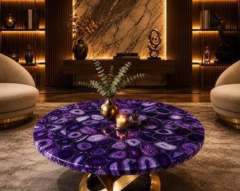Purple Agate Coffee Table, Luxury Round Center Table, Gold Infinity Base Table, Handmade Gemstone Living Room Decor